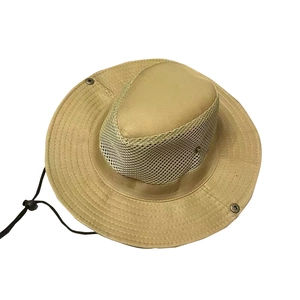 Khaki outdoor sun hat with wide brim, mesh vents and adjustable chin strap for hiking