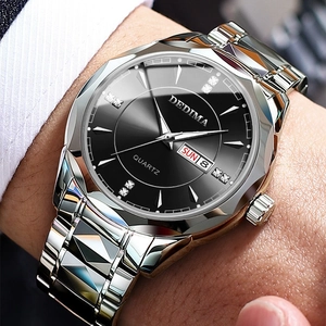 Men's quartz watch with black dial and silver steel strap showing day and date