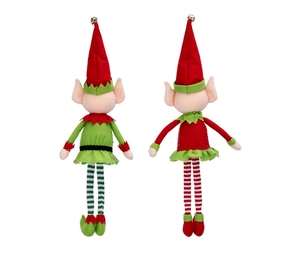 Back view of 65cm Christmas plush elves with striped long legs and red pointed hats