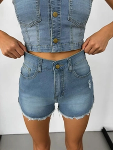 Slim fit light blue denim set featuring button tube top and distressed high waist shorts