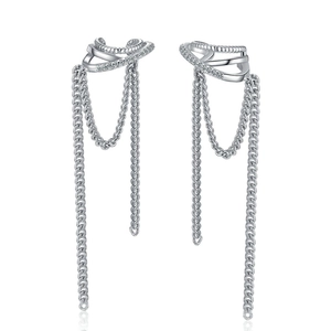 Fashion Copper Zirconia Long Tassel Chain Ear Clip Earrings No Piercing Double Layered Silver Color Jewelry For Women