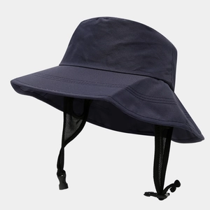 Detail of navy blue sun hat with breathable mesh side vents and adjustable wind rope strap