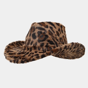 Close-up of fluffy faux fur leopard print texture on a stylish western cowboy hat