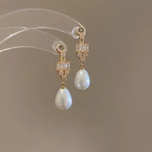 18k gold plated vintage drop earrings with sparkling zircon and white waterdrop pearls