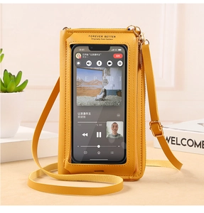 Yellow touch screen phone bag with adjustable strap shown with a modern minimalist aesthetic