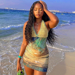 Women Halter Mini Dress Crochet Knit Patchwork Backless Bodycon Abstract Landscape Print Summer Beach Vacation