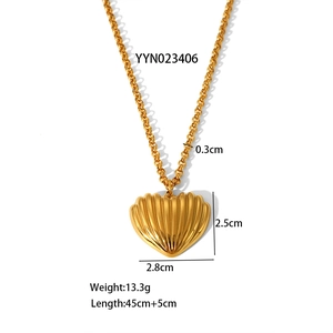 Golden heart pendant necklace with shell texture on stainless steel chain for women