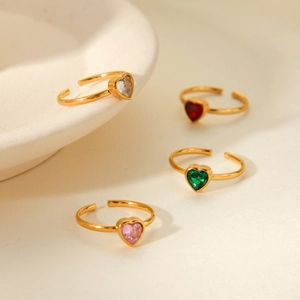 French style 18k gold plated stainless steel heart crystal open rings in four colors