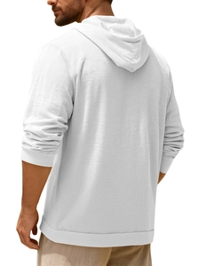 Back view of a white hooded long sleeve shirt showing premium linen cotton fabric texture