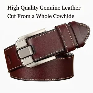Men's genuine cowhide leather belt in deep brown with matte metal buckle and stitching