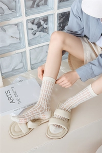 Detailed close-up of white mesh mid-calf socks with delicate heart patterns on a model