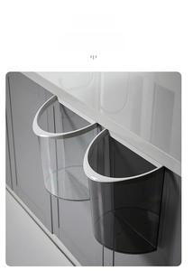 Macro view of wall-mounted kitchen bins in clear and smoked gray minimalist styles