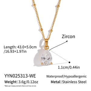 Detailed technical drawing of a stainless steel zircon teardrop pendant necklace size