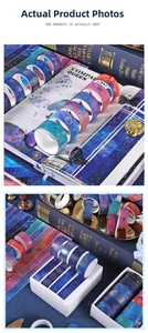 Starry sky themed washi tape set with gold foil constellations and moon on gift box
