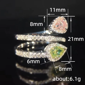 Luxury multi-layer ring with pink and green pear-cut stones and crystal pavé details