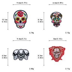 Detailed size chart of four unique Halloween skull embroidered patches with dimensions