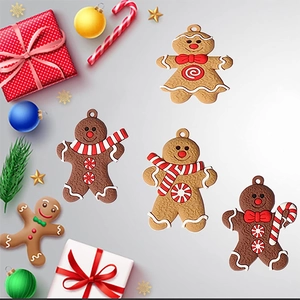 Detailed view of 5 gingerbread man ornaments with festive bows and candy canes
