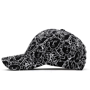 Black cotton baseball cap with white abstract face line art print and curved brim