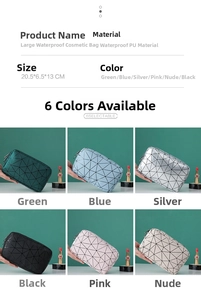 Waterproof PU makeup pouch detail showing geometric triangle patterns in six colors