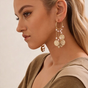 Bohemian Long Tassel Drop Earrings With Imitation Artificial Pearl Alloy Hammered Round Disks And Silver Earring Post