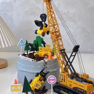 Construction crane cake toppers set with excavator and bulldozer for boys birthday party