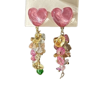 French style pearl flower earrings with pink heart resin and colorful stone tassels