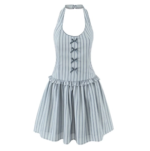 Halter Neck Striped Mini Dress Polyester Bow Decoration Ruffle Hem Sweet Summer Casual Women