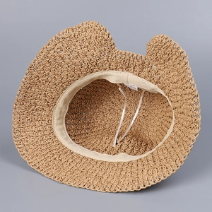 Straw sun hat with cute cat ears and adjustable inner drawstring for summer vacation