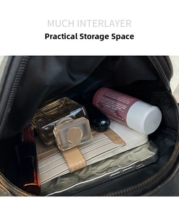 Spacious interior of black quilted crossbody bag showing multiple pockets and storage space
