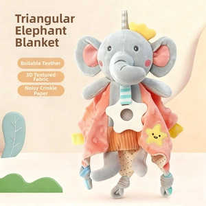 Detail of baby elephant comforter with 3D dot plush fabric and white star teether