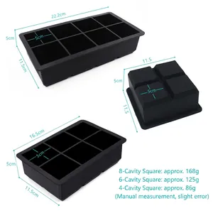 Food-grade black silicone ice cube mold set with 4, 6, and 8 compartments and size markings