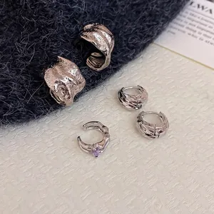 Chic silver C-shaped crumpled metal earrings and purple zircon ear cuff jewelry set
