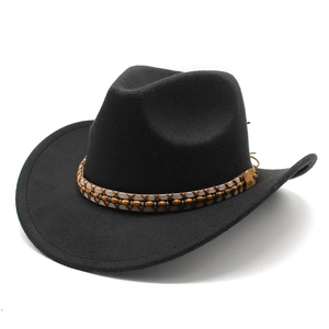 Classic black wool felt western cowboy hat with a decorative beaded woven band and brim