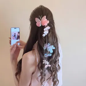 Butterfly Fabric Flower Long Tassel Hair Clip With Imitation Artificial Pearl Sweet Gradient Side Duckbill Clip Elegant Accessory
