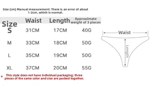 Size chart for women's cotton thongs including waist and length measurements in centimeters