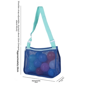 Blue mesh beach bag detail with adjustable strap dimensions for children's toy storage