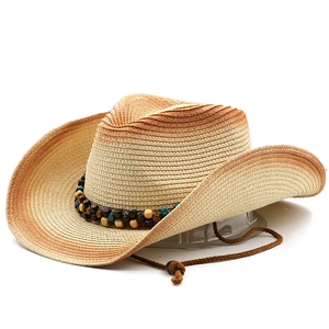 Chapeau de cowboy en paille dégradée avec perles ethniques et jugulaire réglable