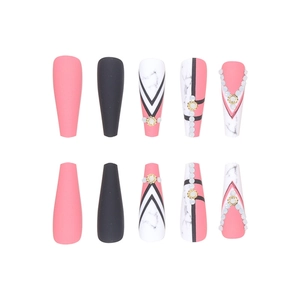 Long ballet press-on nails with marble texture, pink and black matte finish and rhinestones