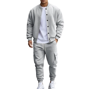 Detail of grey men's baseball jacket with rib knit collar and premium fabric texture