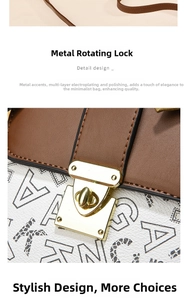 Detail of golden twist lock and printed leather texture on stylish handbag