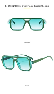 Detailed front and side view of green double bridge sunglasses with silver rivets