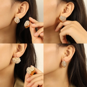 18K gold plated heart stud earrings with pearls and rhinestones shown in multi-angle view