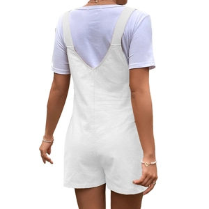 Rear view of white maternity overalls with deep V-back design and wide straps