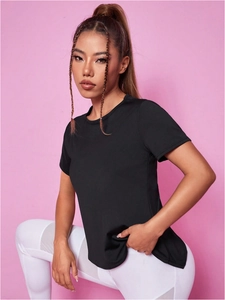 T-shirt sport noir ample pour femme avec dos en maille respirante pour yoga
