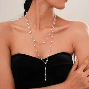 Elegant Double Layer Y-Shape Artificial Pearl Necklace Copper Chain French Vintage Minimalist Jewelry For Women Daily Wear