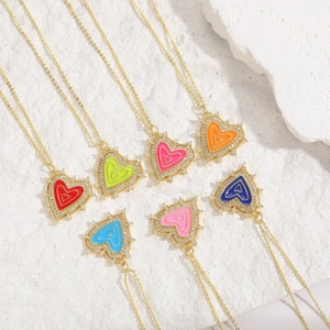 Colorful enamel heart pendants with zirconia borders on gold chain necklaces for women