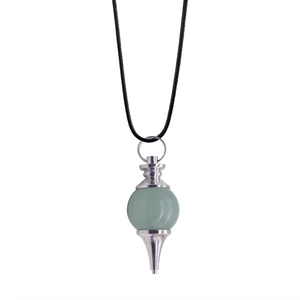 Natural green crystal ball pendulum necklace with silver metal accents and black cord