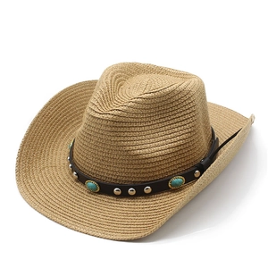 Western straw cowboy hat with leather band and turquoise studs on white background