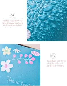 Detail of waterproof PU fabric with floral print and water droplets on cosmetic bag