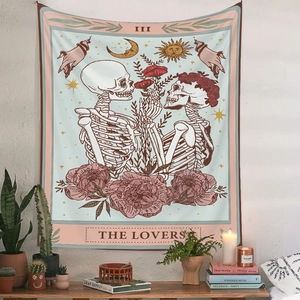 Detail of The Lovers tarot tapestry showing skeleton figures and bohemian decor accents